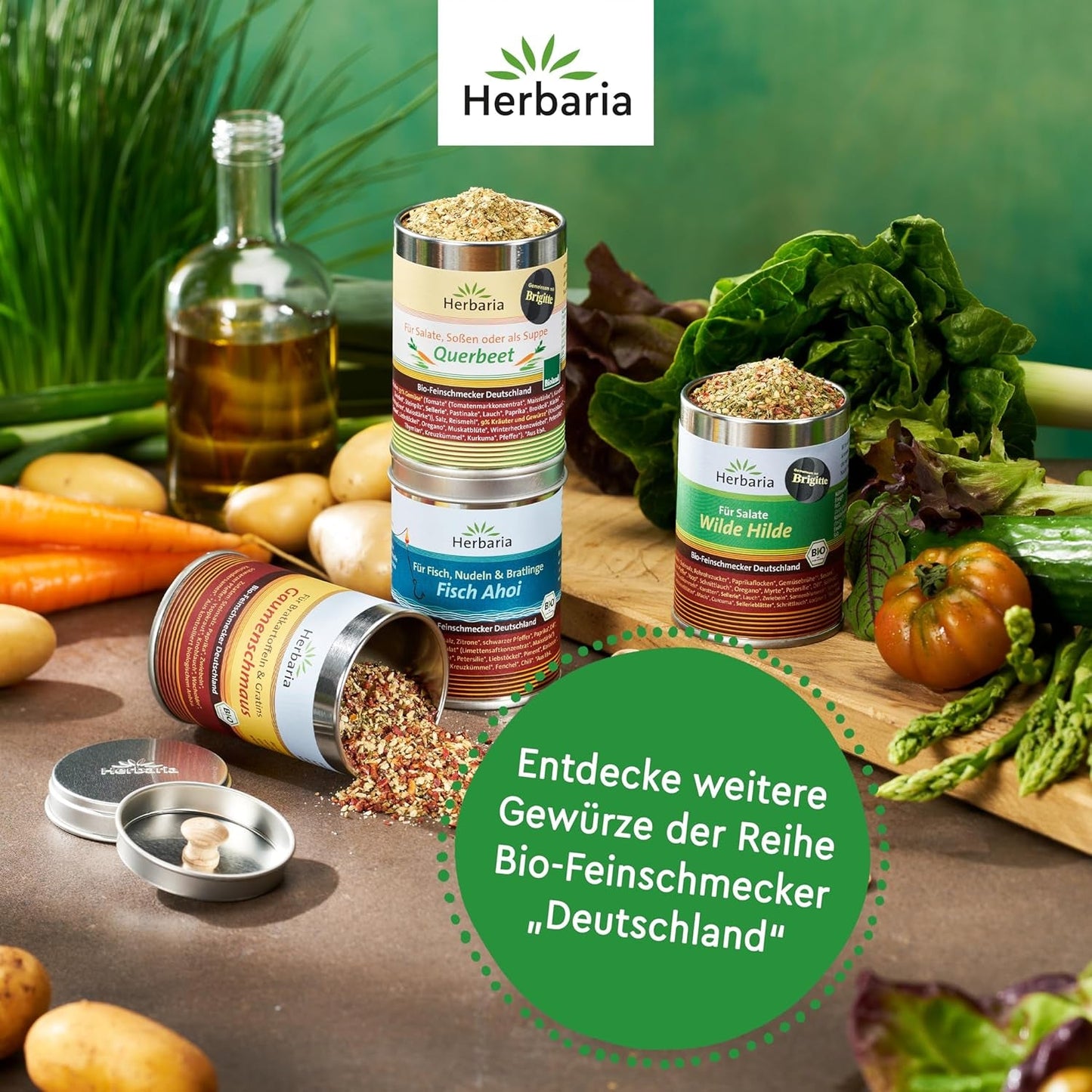 Herbaria Wilde Hilde bio 100g M-Dose-fertige Bio-Gewürzmischung - Saladgewürz für ausgefeilte Salade - mit erlesenen Ingrediens - in nachhaltiger Aromaschutz-Dose
