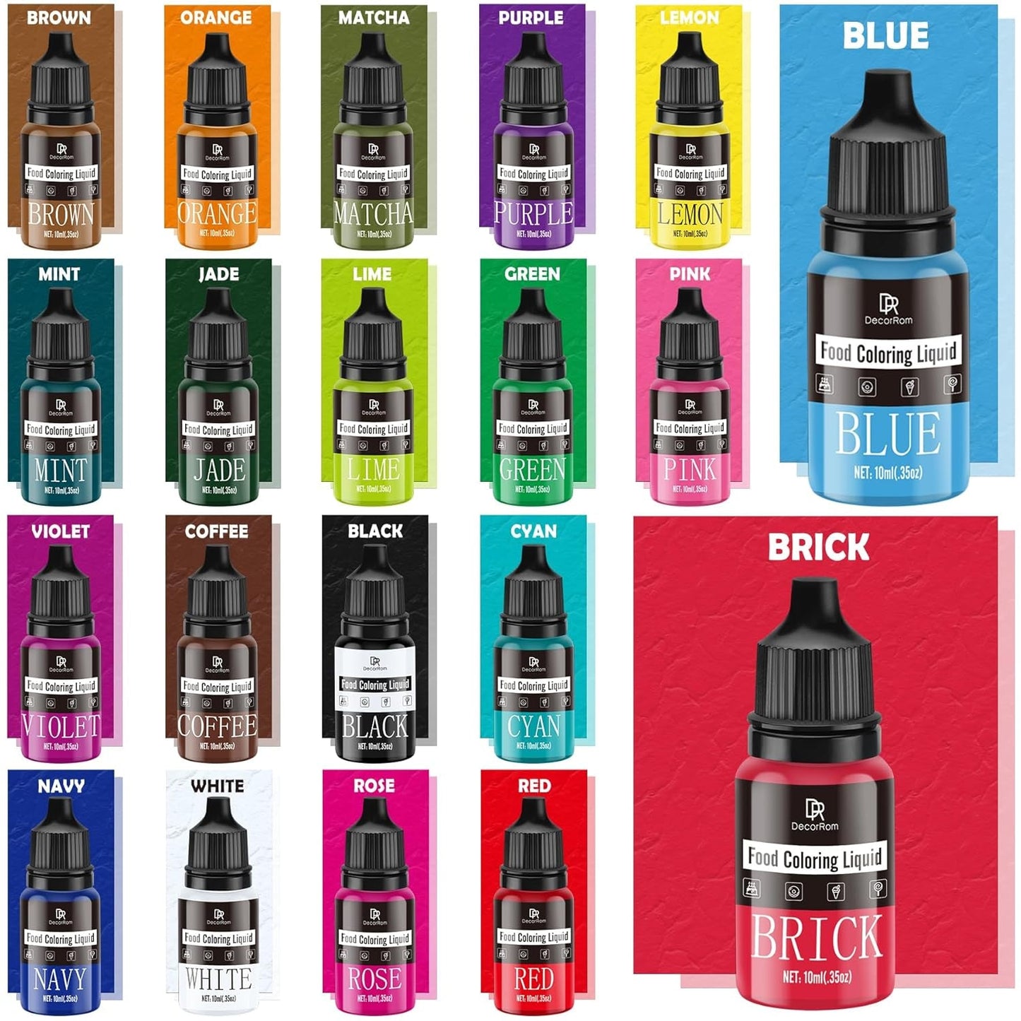 Matfärgning - 20 färger x 10 ml koncentrerad flytande matfärg för tårtdekorering, bakning, kakor, macarons - Sockerfri matfärg för drycker, tårtdekorering, DIY-slime, påskägg