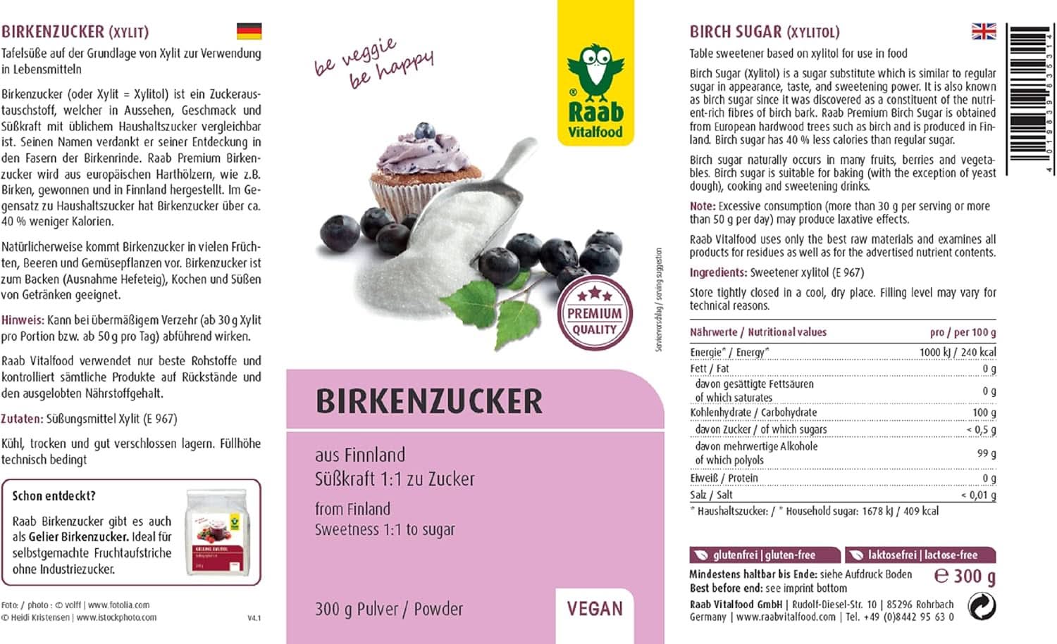 Raab Vitalfood Premium, Björksocker med Xylitol sötningsmedel, Vegan, 1:1 Alternativ till socker, 300 gram Sötningsmedel Naty Shop