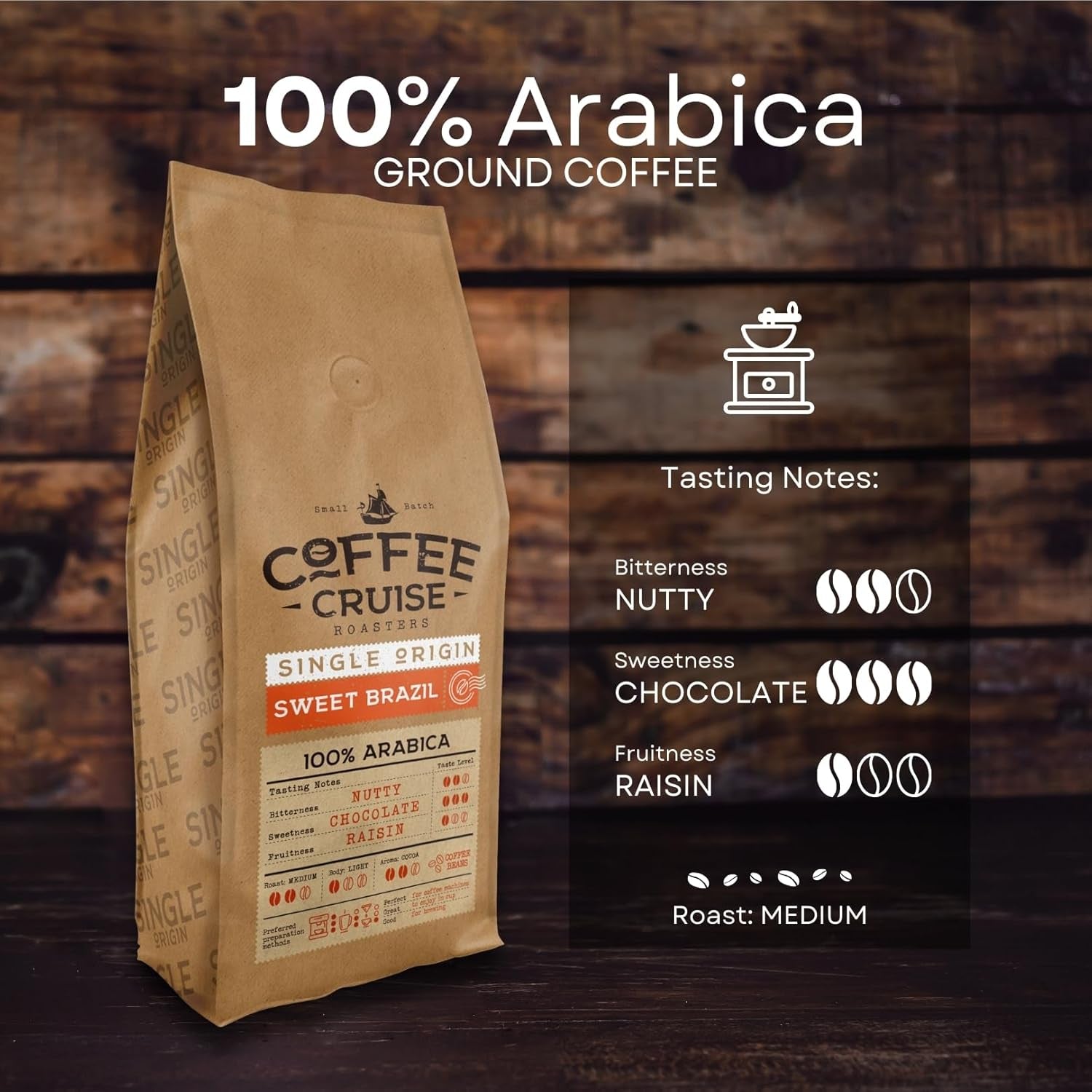 COFFEE CRUISE Sweet Brazil Brasilianische Kaffeebohnen 1kg - Mittlere Röstung - Aroma Kakao und Schokolade - Für All Kaffeemaschinen - 100% arabiska