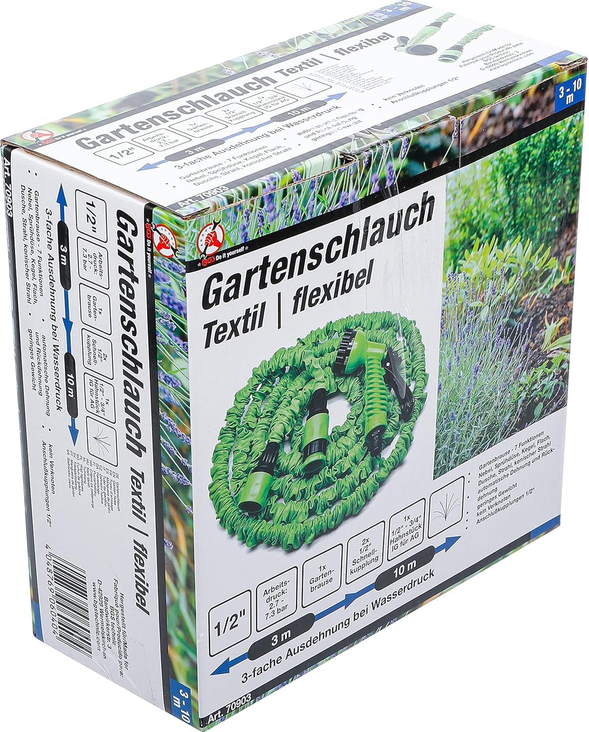 BGS DIY 70903 | Vattenslang | Textil | Flexibel | med trädgårdsdusch med 7 funktioner | 3-10 m