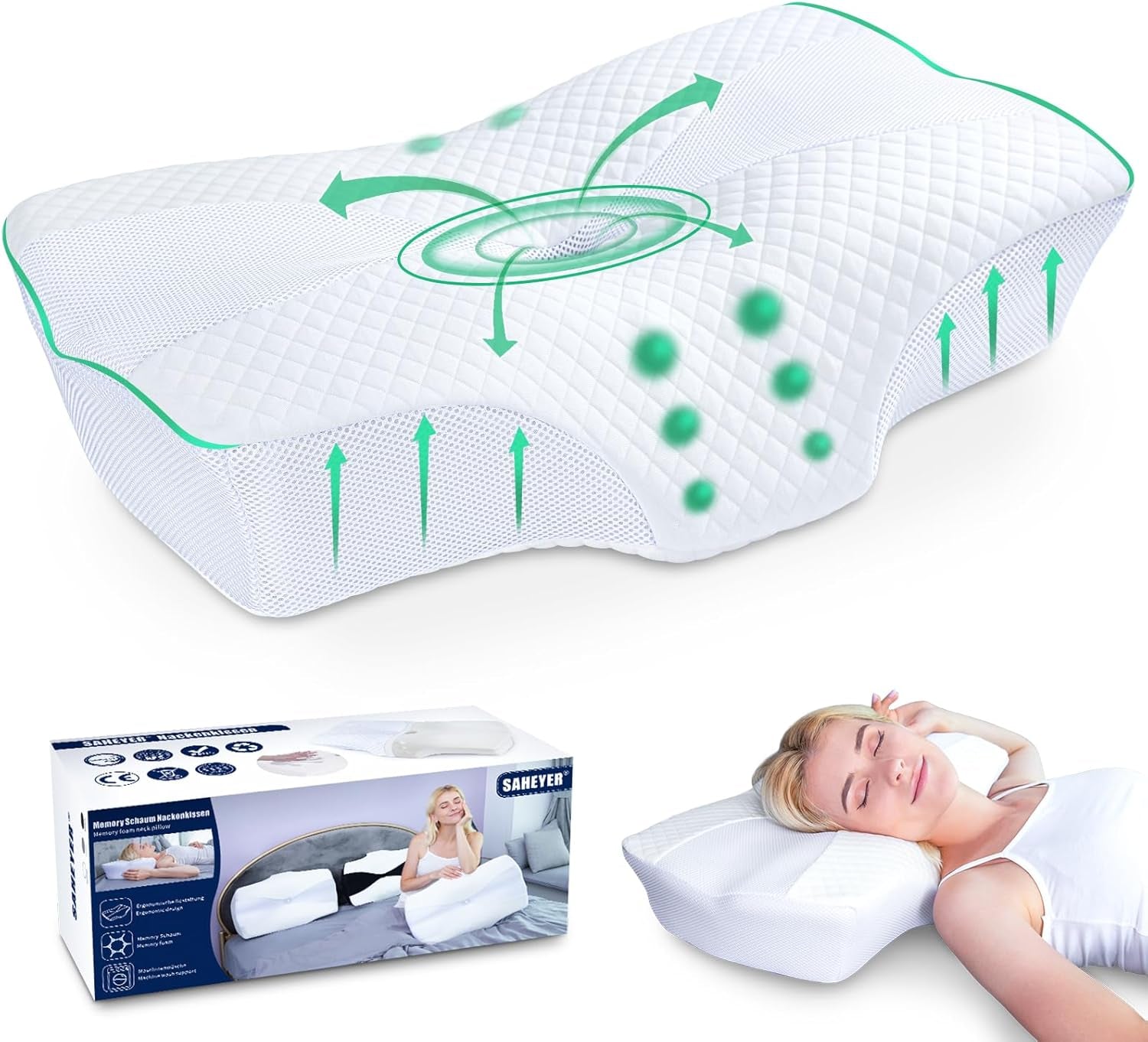 SAHEYER Ortopedisk kudde Nackstöd Kudde Huvudkudde Ergonomisk nackkudde Side Sleeper Kudde 60 X 40 X 13/11cm Memory Foam Kudde för Side Sleeper Rygg Mage Ortopediska livmoderhalskuddar Naty Shop Pearl White