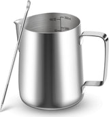 Mjölkmugg, 350 ml mjölkmugg i rostfritt stål med mätmärke, baristatillbehör, mjölkmugg för cappuccino, espresso, latte art, kaffeälskare, silver, 355 ml