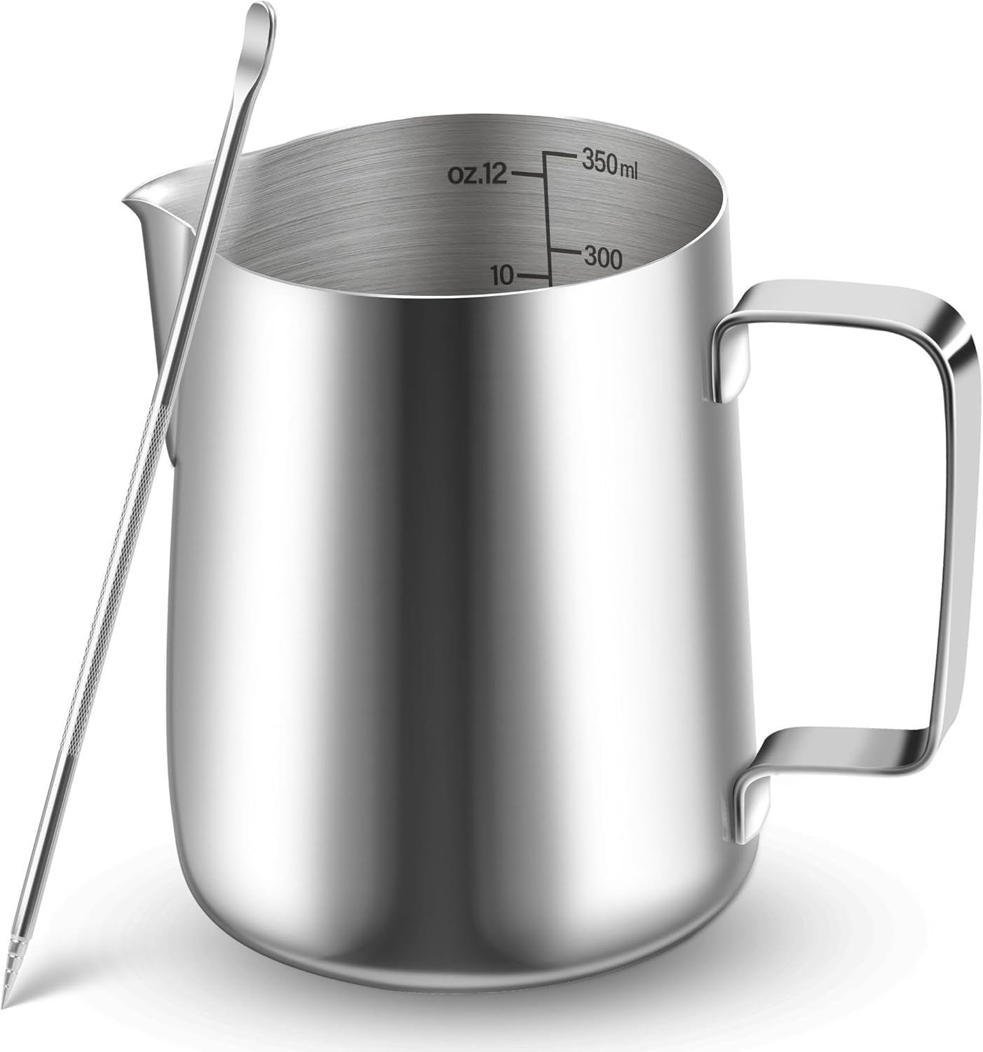 Mjölkmugg, 350 ml mjölkmugg i rostfritt stål med mätmärke, baristatillbehör, mjölkmugg för cappuccino, espresso, latte art, kaffeälskare, silver, 355 ml