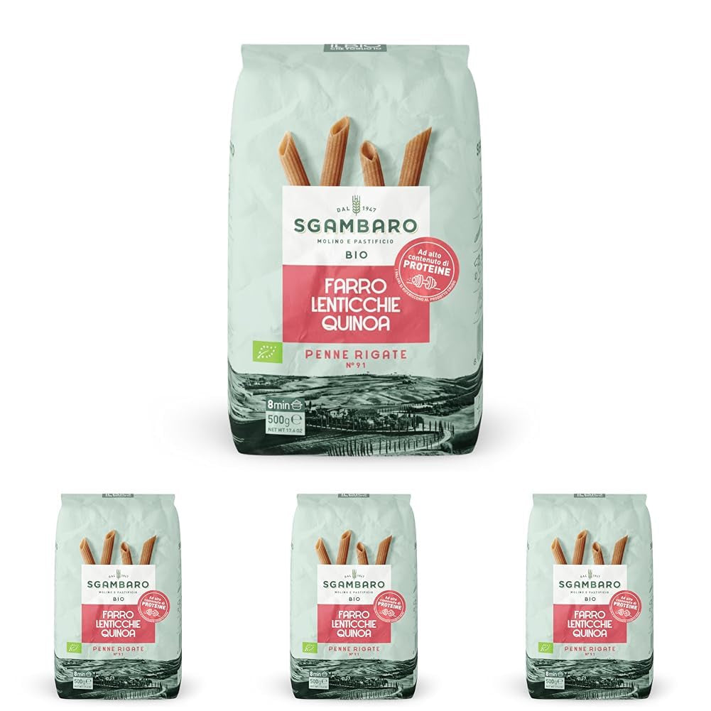 Ekologisk Penne Rigate Pasta N.91 - 500g med dinkelmjöl, linsmjöl och quinoamjöl - Rik på protein, källa till fiber och protein