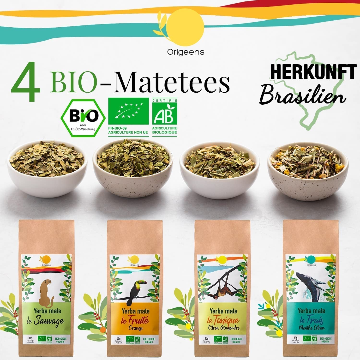 ORIGEENS BIO MATE TE-presentset X4 I Yerba Mate Bio 4X80G I Yerba Mate te-set, presentidé