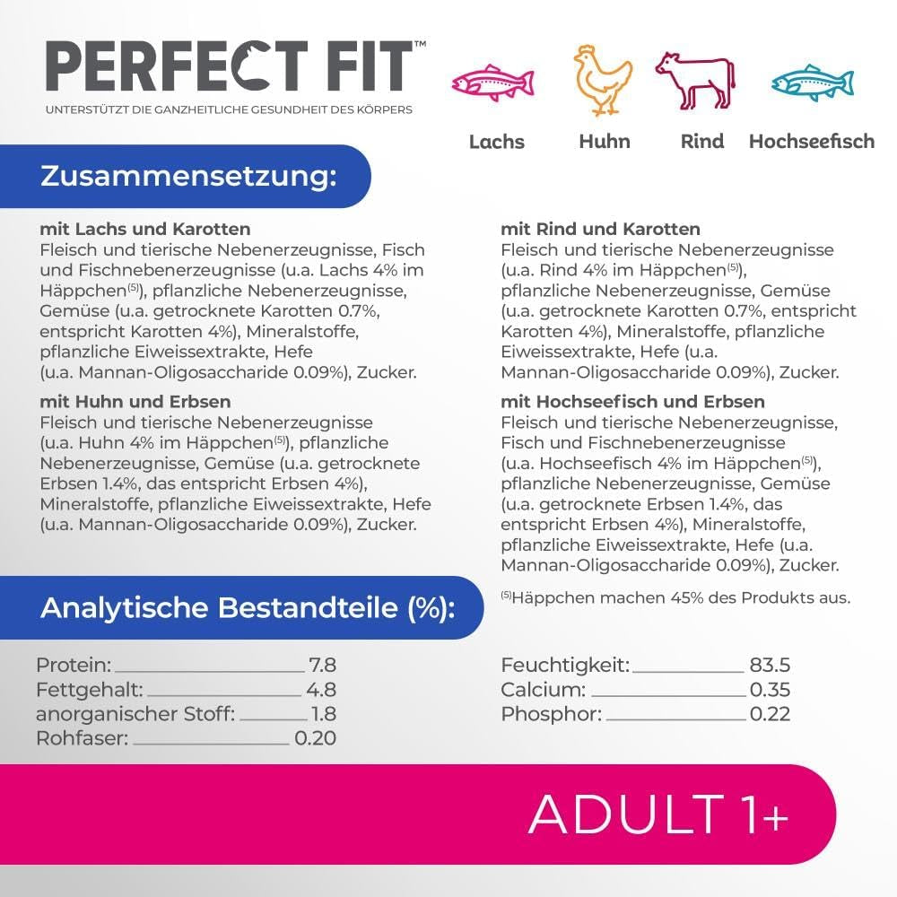 Perfect Fit Vuxen 1+ våtfoderval med lax, djuphavsfisk, nötkött och kyckling, 48 påsar, 12x85g (paket med 4) - Premium våtfoder för vuxna katter från 1 års ålder