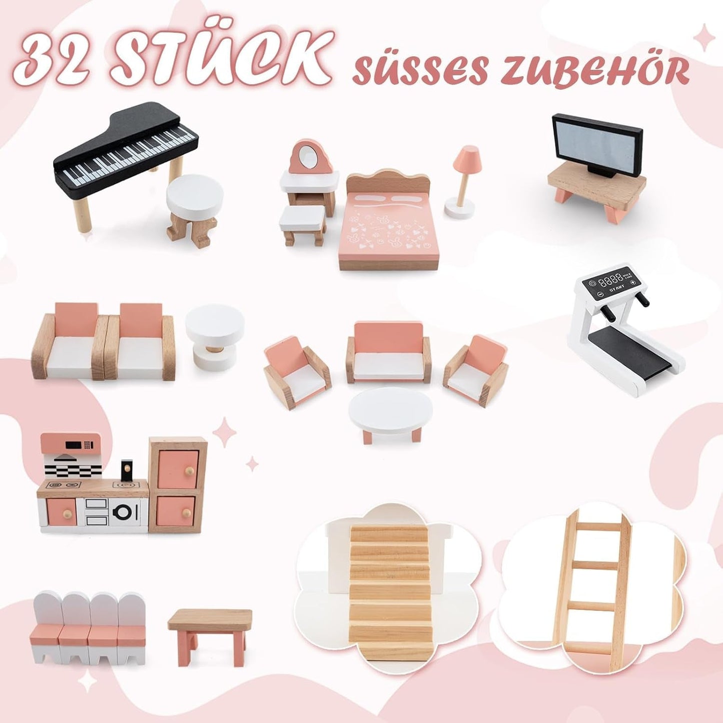 FANTASK dockskåp i trä, 85 cm höjd 7-rumsdockhus med 32 möbler och tillbehör, dockskåp med repstege, dockhuspresent för 3-åriga flickor (modell 3) Naty Shop dockskåp