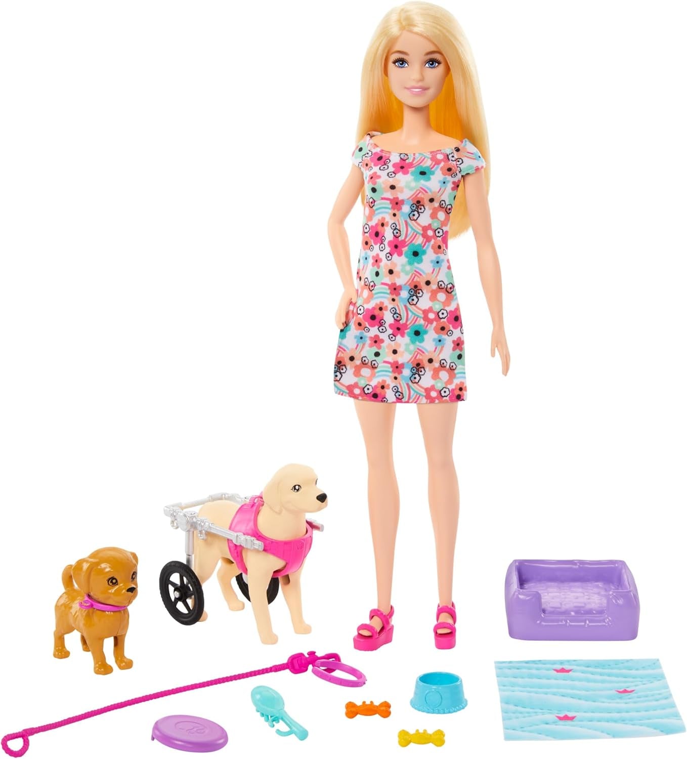 Barbie Dog Duo Doll och tillbehör, inklusive valp och stor hund med rullstol, koppel, matskål, husdjursbädd och benbelöningar, för åldrarna 3 och uppåt, HTK37