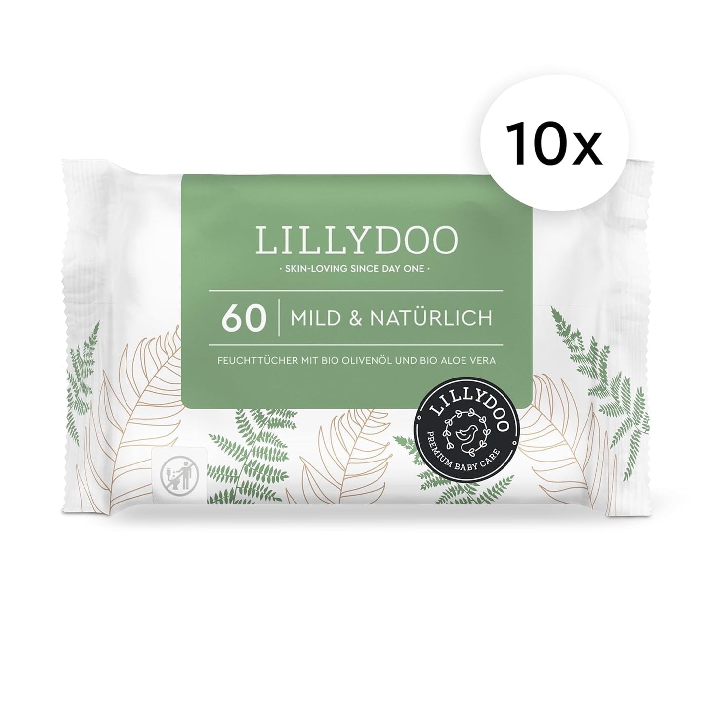 LILLYDOO Gröna våtservetter, 600 antal (10 x 60), 100 % plastfri tårbeständig våtservett - Doftfri, skonsam och naturlig, skonsam rengöring för känslig hud, dermatologiskt testad
