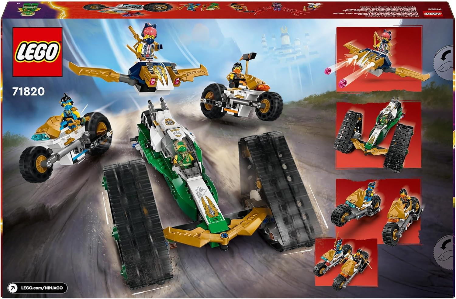 LEGO NINJAGO Ninja Team Combi Caterpillar 4 i 1 set med segelflygplan, racerbil och 2 motorcyklar och 6 minifigurer Present för pojkar och flickor Ninja Toy 71820 Byggset Besuche den LEGO-Store