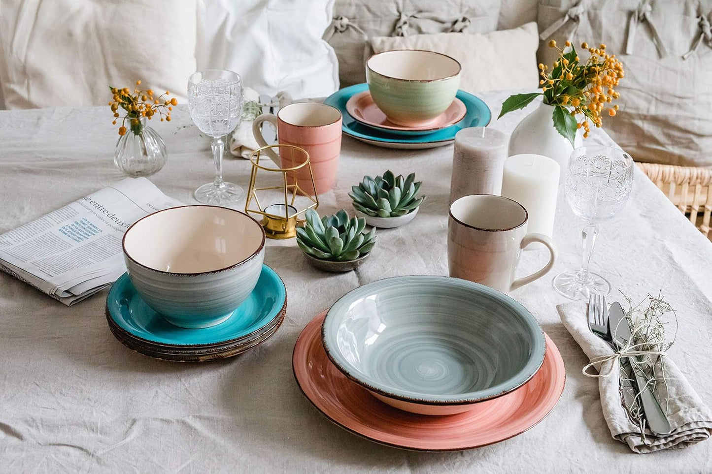 MÄSER servisset för 6, modern vintagelook, 12-delad bordsservering, handmålad, grön, kakel, olivgrön (Bel Tempo II)