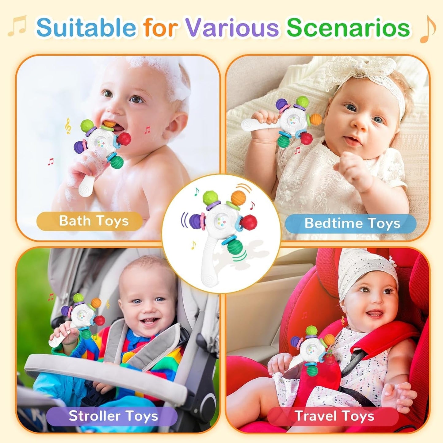 Livsmedelsklassade babybitringar - BPA-fria, kvävningsbeständig design, förstärkt grepp, lämplig för hörsel och tandutveckling, idealisk för spädbarn 0-36 månader (vit)
