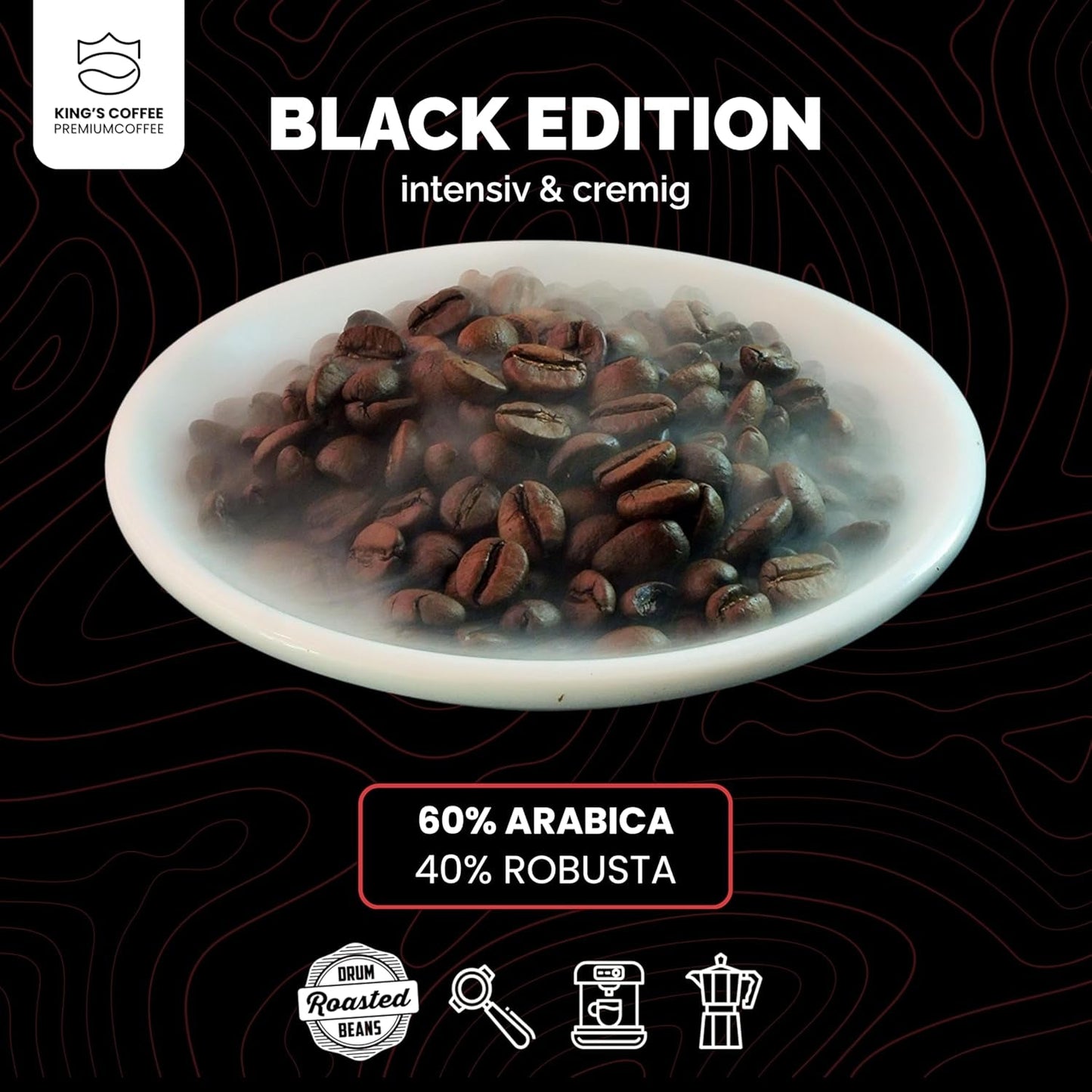 KING'S COFFEE - BLACK EDITION - 1 kg Intense Cream Coffee Beans - Low Acidity Coffee - Small Batch Roast från Italien - Starka Arabica Espressobönor (blandning) för helautomatiska och portafiltermaskiner