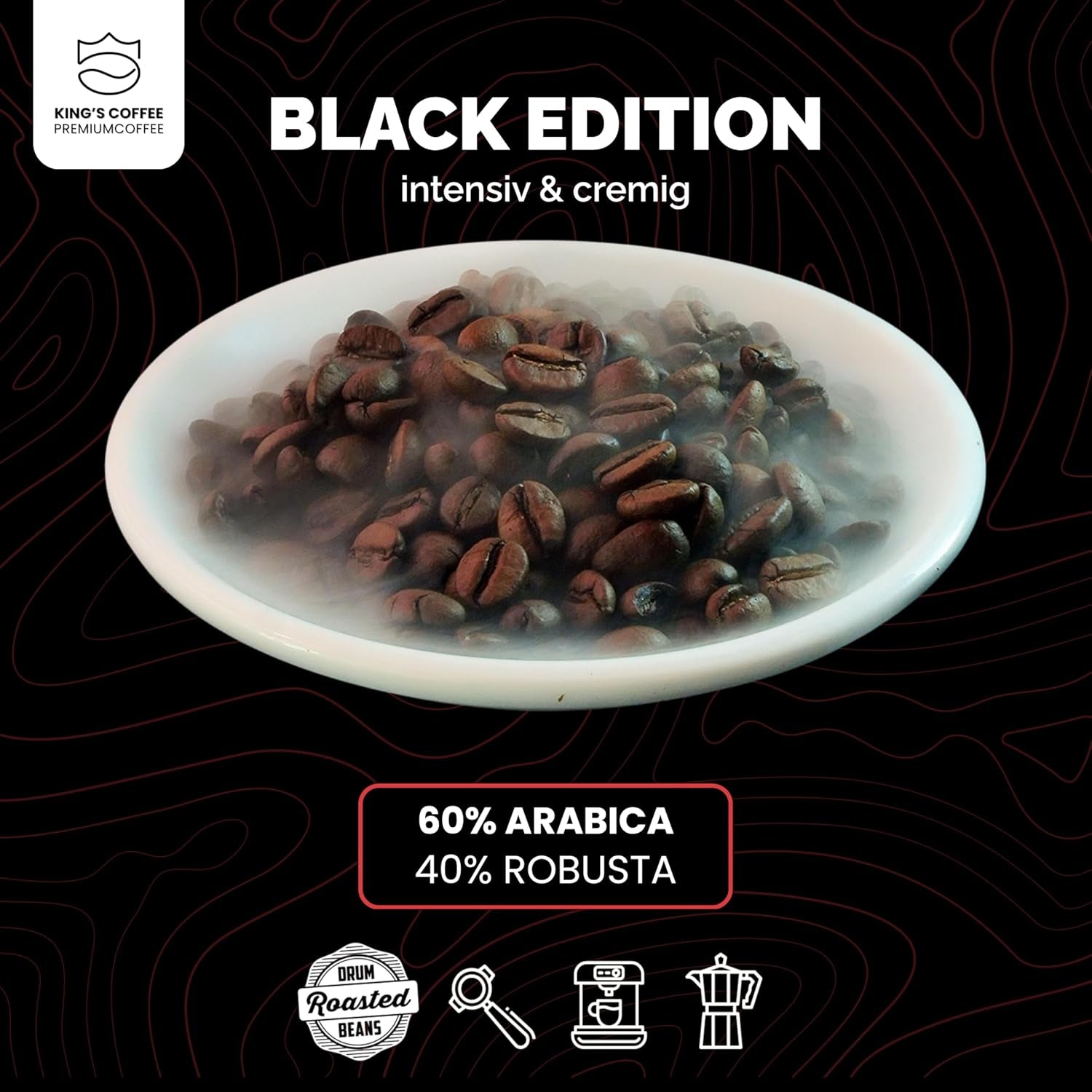 KING'S COFFEE - BLACK EDITION - 1 kg Intense Cream Coffee Beans - Low Acidity Coffee - Small Batch Roast från Italien - Starka Arabica Espressobönor (blandning) för helautomatiska och portafiltermaskiner