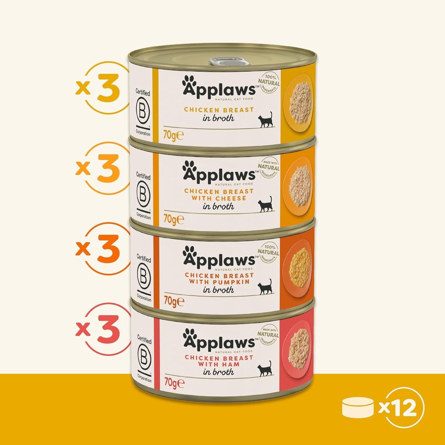 Applaws 100 % naturlig premium våtmat för katter Kycklingbuljong för vuxna katter - 4 boxpack (12 x 70 g)