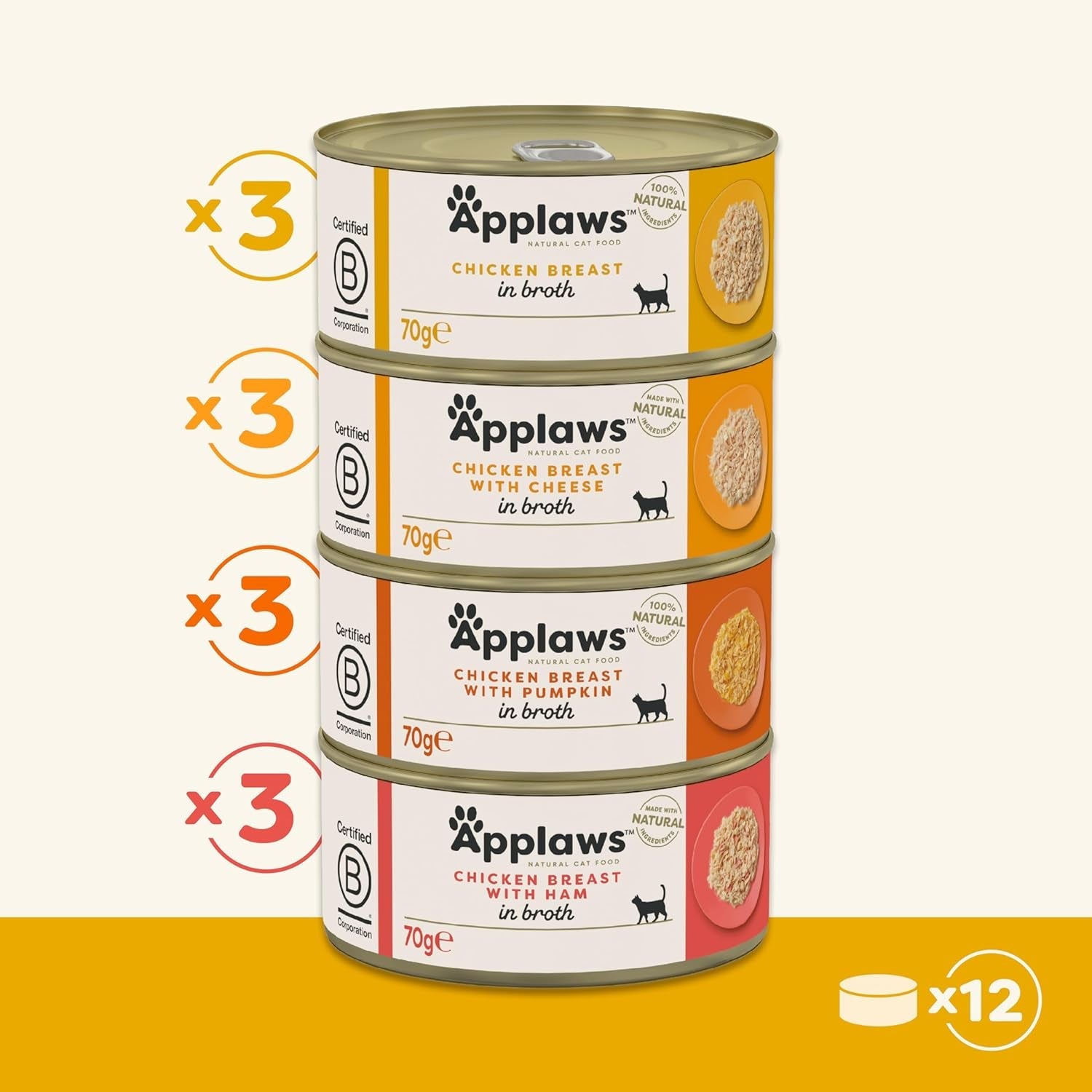Applaws 100 % naturlig premium våtmat för katter Kycklingbuljong för vuxna katter - 4 boxpack (12 x 70 g)