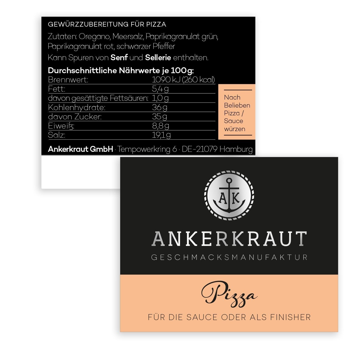 Ankerkraut Pizza, för original italiensk smak, som från Steinofen, även för pasta, tomat-mozzarella och många andra rätter, 45 g i korkglas