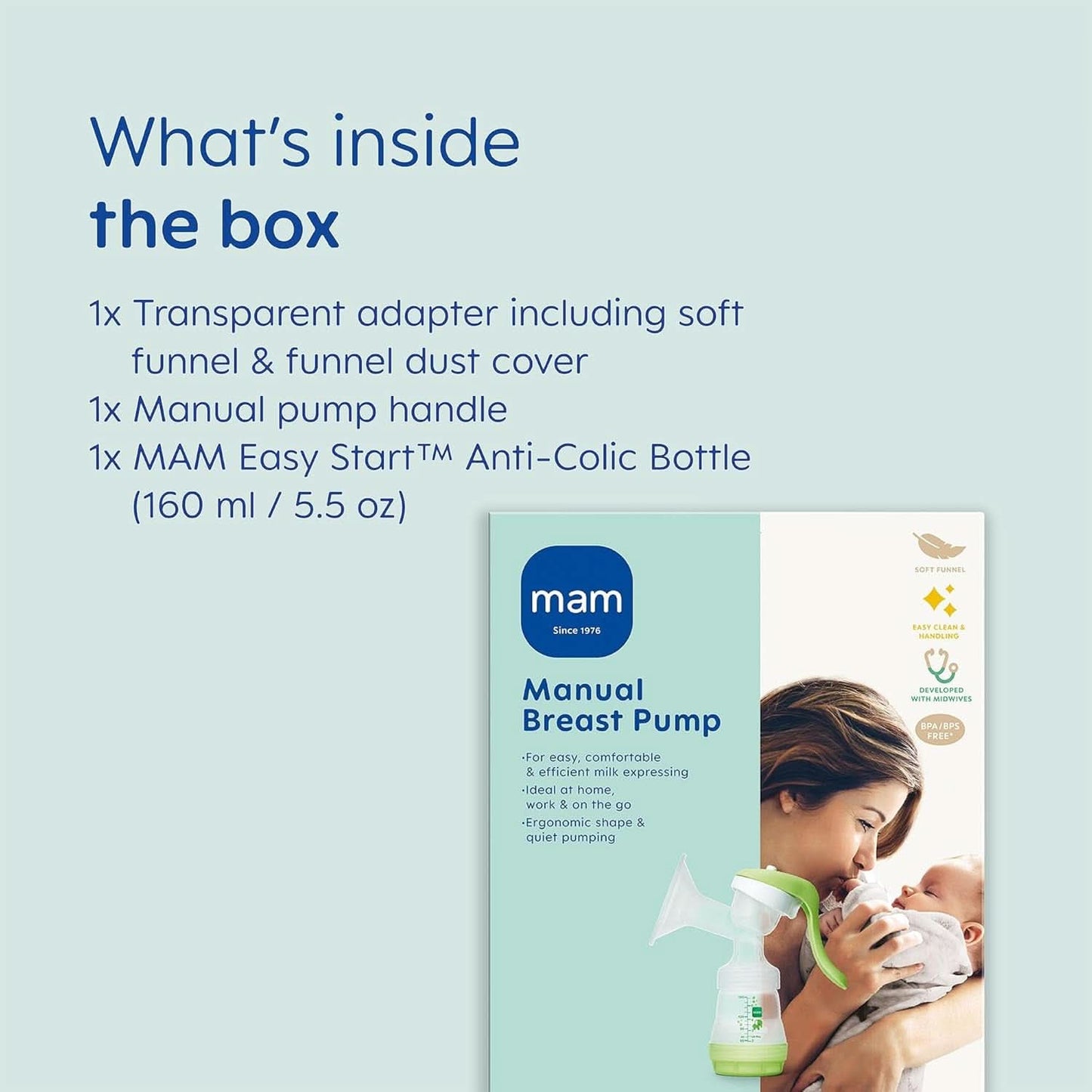 MAM handbröstpump - bekväm och kompakt bröstpump för bröstmjölk som innehåller 1 anti-kolikflaska MAM Easy Start Tillbehör Mat och amning Bebe Naty Shop