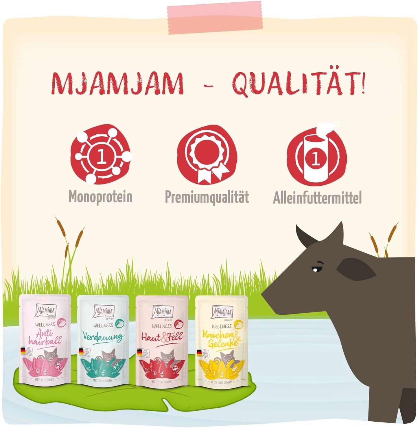 MjAMjAM - Premium Wet Cat Food - Wellness Pack Nötkött, paket med 12 (12 x 125 g), spannmålsfri med extra kött