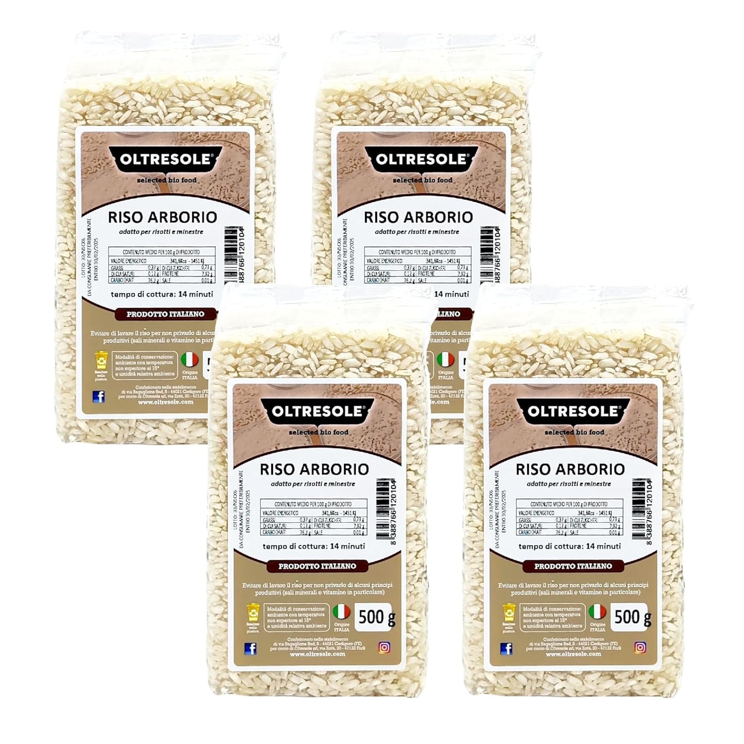 Hantverksmässigt italienskt Arborio-ris, storkornigt och stärkelsehaltigt ris, perfekt för soppor, risottos och rissallader, vakuumförpackad i 2 1 kg påsar