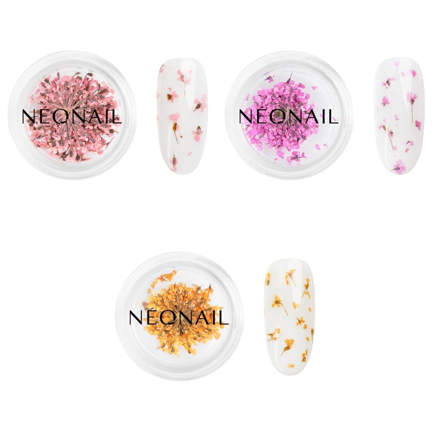 NÉONAIL Nail Art Flowers Set - Trockenblumen - Getrocknete Blumen - Nageldesign Zubehör - Nageldekorationen - Getrocknete Blüten - Nageldekoration - Gelnägel Zubehör - 3 Farben - Rosa, Lila, Orange