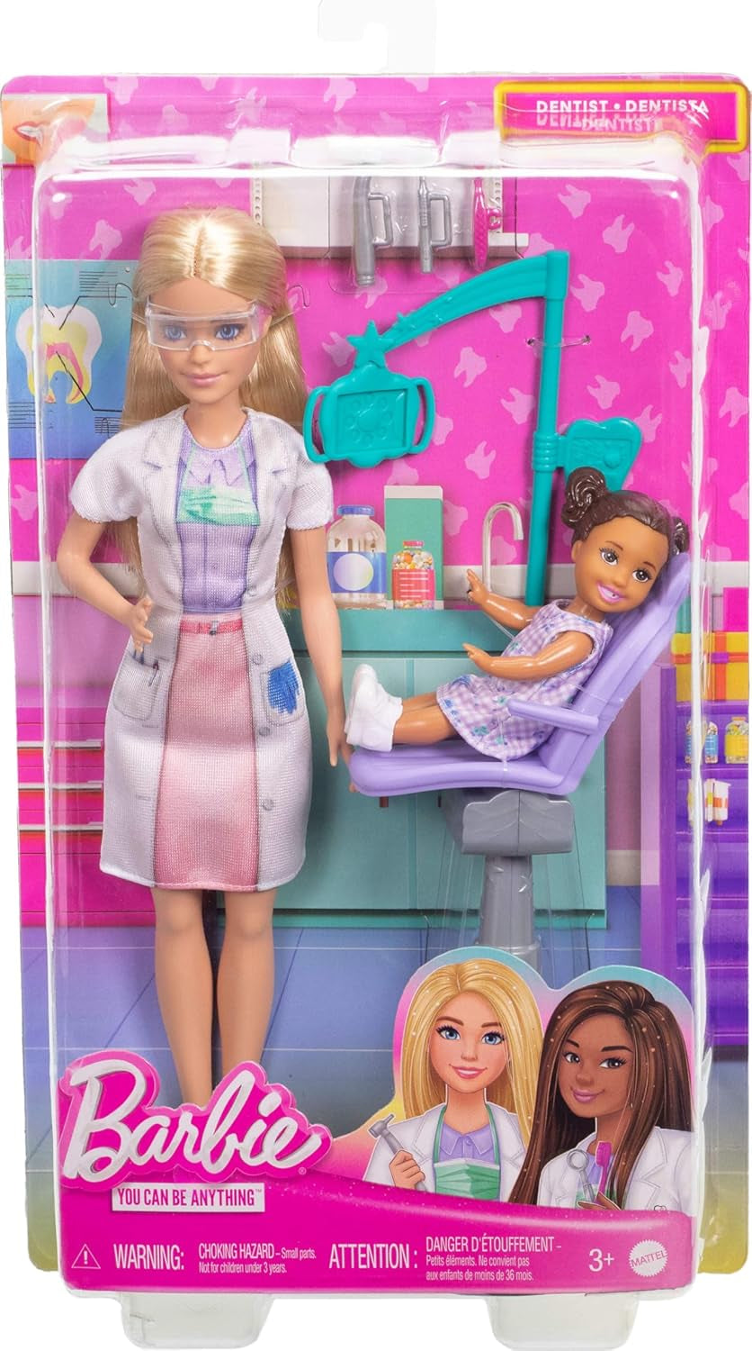 Barbie-tandläkardocka, modedocka med blont hår, blå klänning och labbrock, 1 barndocka, examenstillbehör och diverse tillbehör, JCR74