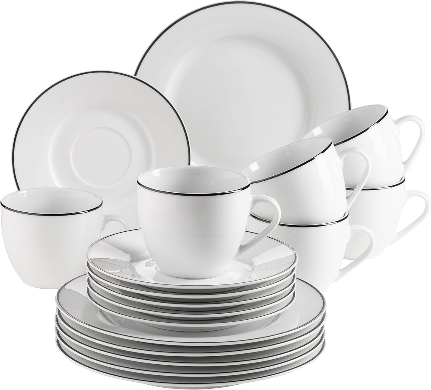 Mäser Nola Series Modern 6-personers kaffeservs Vit med svart kant 18-delat servisset Kaffekoppar Fat och desserttallrikar - Runda kaffeserviser Kaffeservis Vit