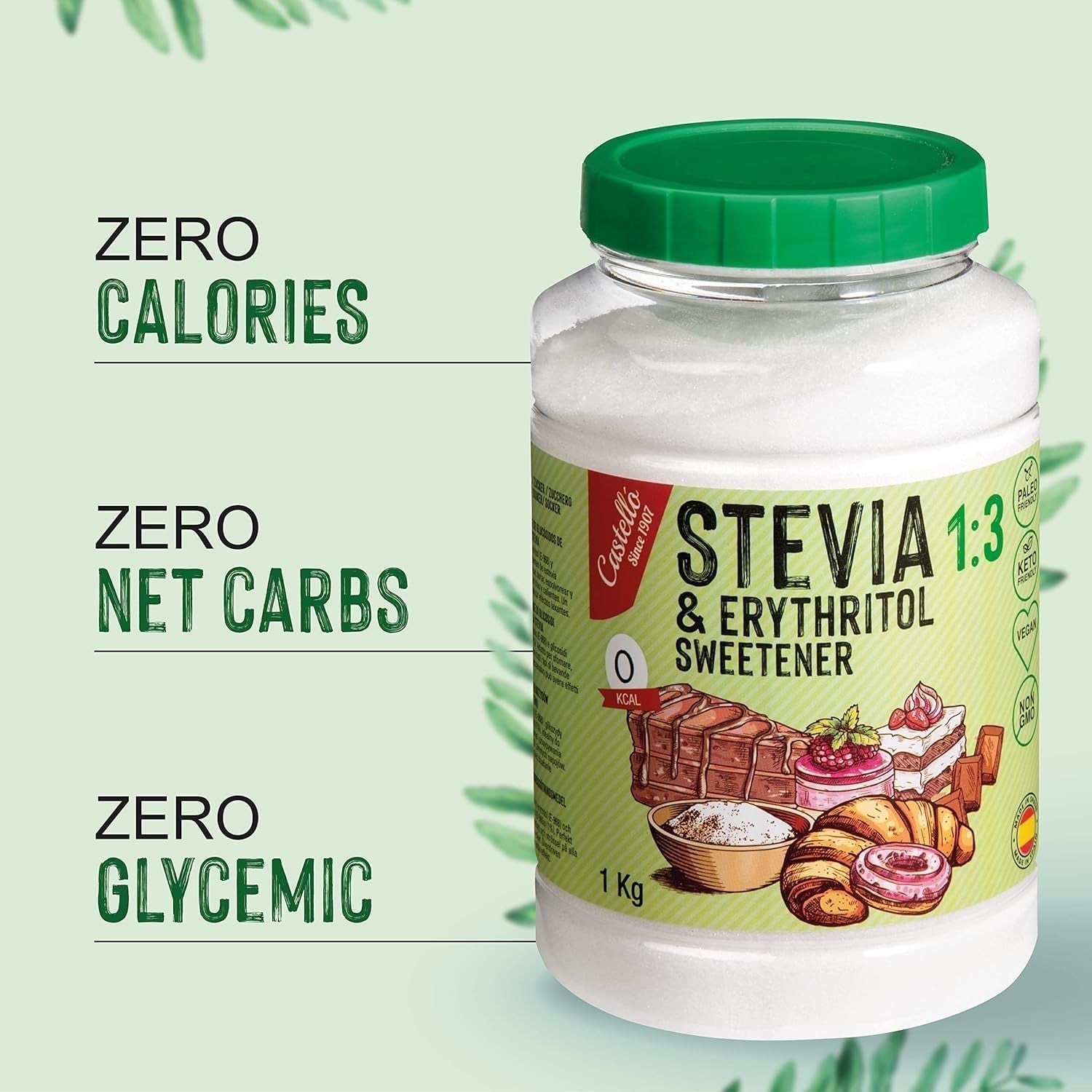 Stevia + Erythritol 1:3 Süßstoff | 1G = 3G Zucker | 100% Natürlicher Zuckerersatz - 0 Kalorien - 0 Glykämischer Index - Keto Und Paleo - 0 Netto-Kohlenhydrat - Kein GVO - Castello sedan 1907-1 Kg Sweeteners Naty Shop