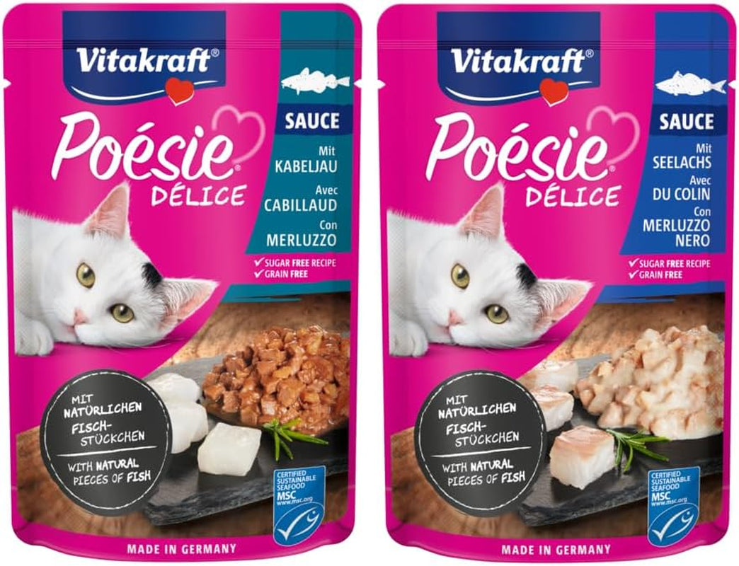 Vitakraft Poésie Délice, Fish Selection, Nassfutter Katze, Katzennassfutter in Sauce, mit Seelachs, mit Kabeljau, ohne Zusatz von Zucker und Getreide (1 Paket med 6x 85g)
