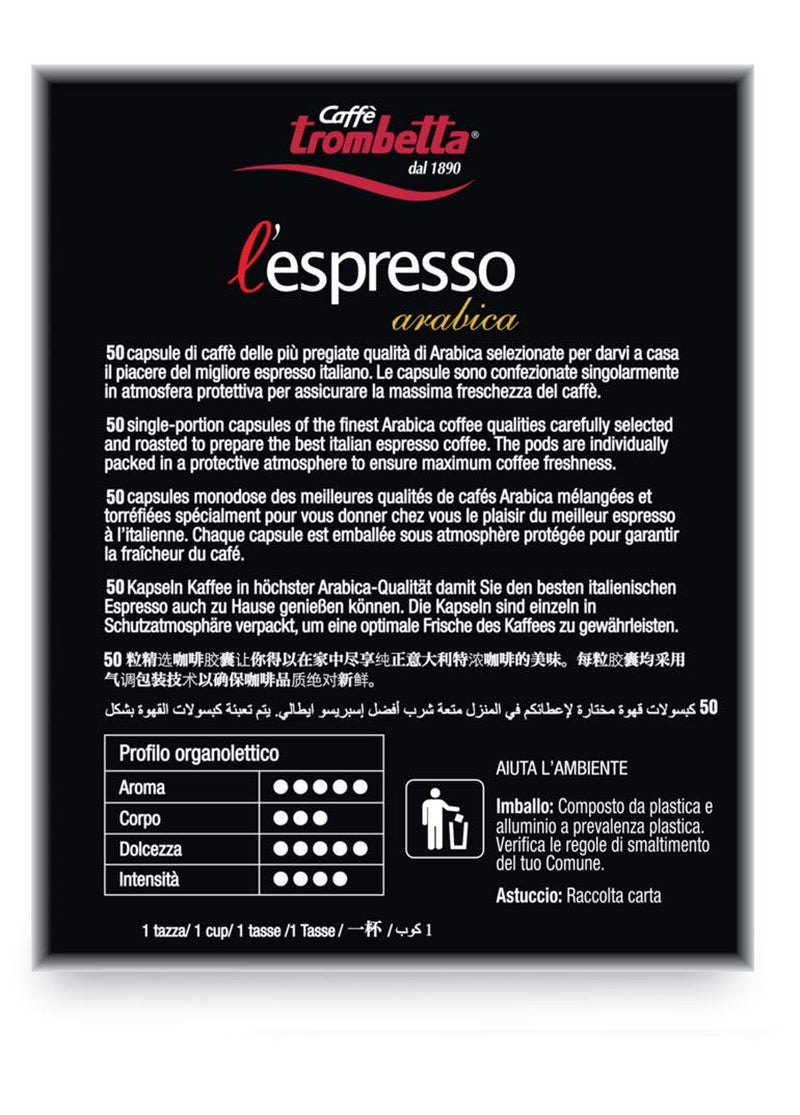 Caffè TROMBETTA L 'Espresso, Italien Kaffee Nespresso kompatibel Kapseln. Aus 100% Arabica mit einem vollmundigen und körperreichen - 50 Kapseln, 50 Stück (1er Pack)