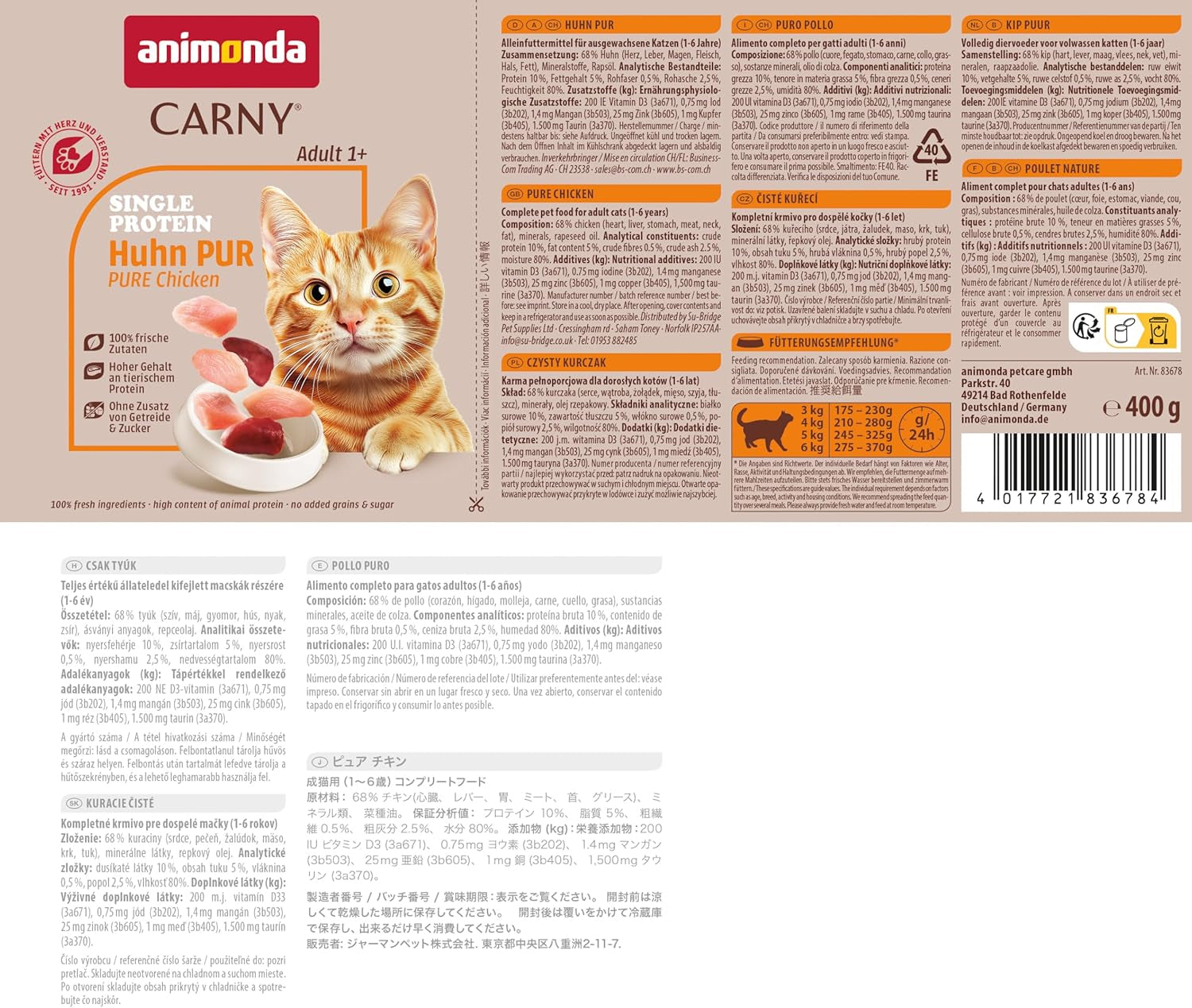 animonda Carny Adult Single Protein Pure Chicken (6 x 400 g), våtfoder för vuxna katter med en enda proteinkälla, våtfoder för vuxna katter, spannmålsfri och sockerfri