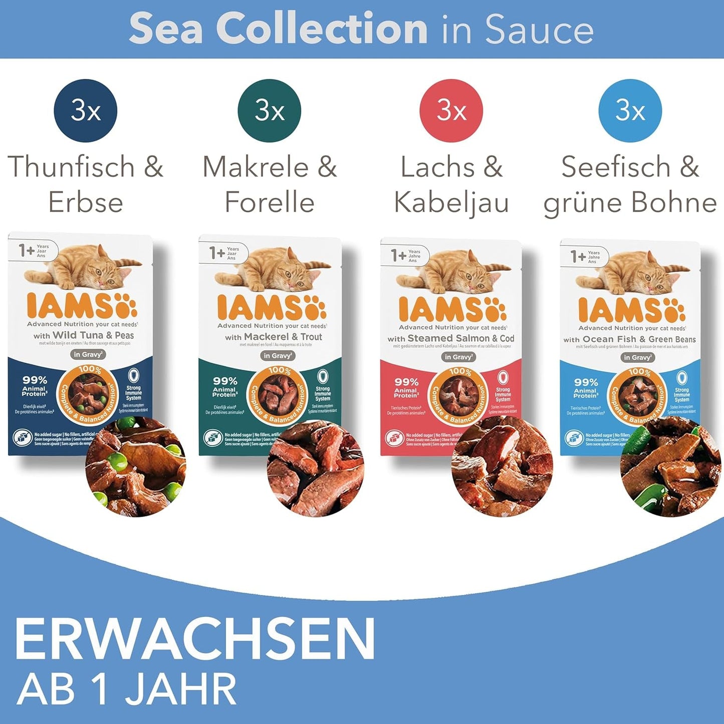 IAMS Delights Sea Collection Katzenfutter Nass - Multipack mit Fisch Sorten (Lachs, Thunfisch, Makrill, Seefisch) i sås, Nassfutter für Katzen från 1 Jahr, 12 x 85g