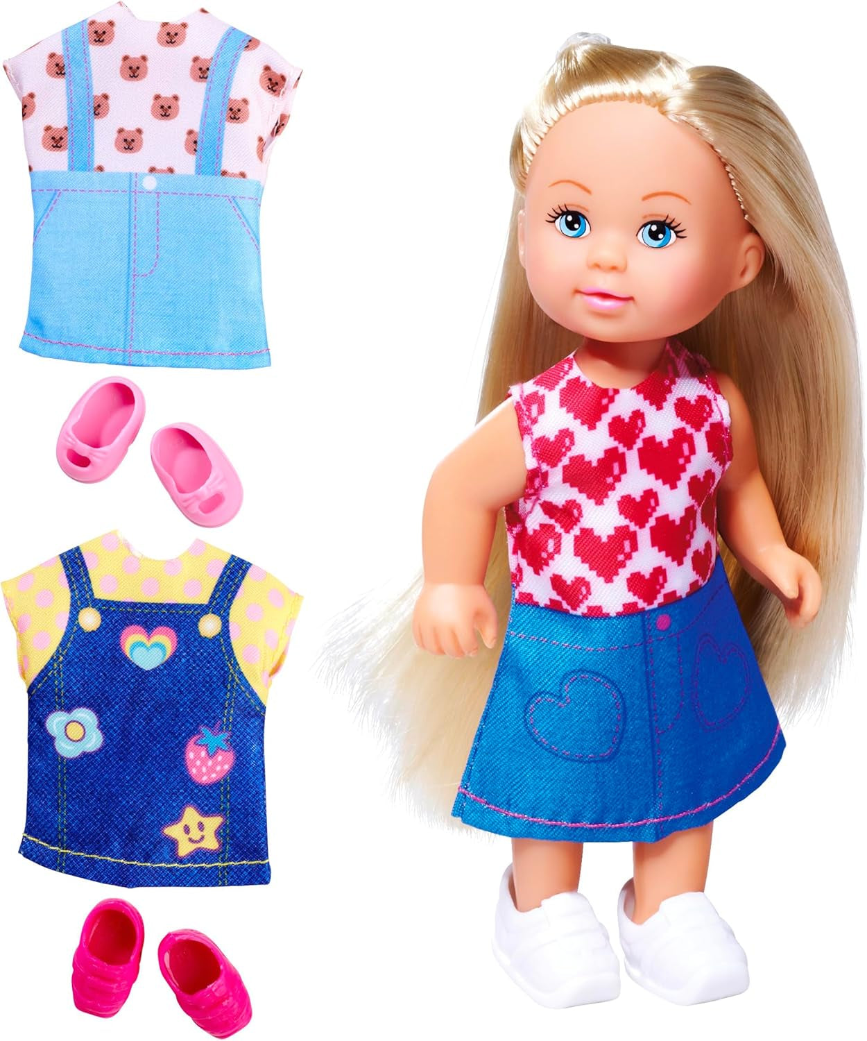 Simba Evi Love Fashion Doll bär en söt jeansklänning, inklusive två andra outfits med bedårande tryck och sneakers, 12 cm, åldrar 3+