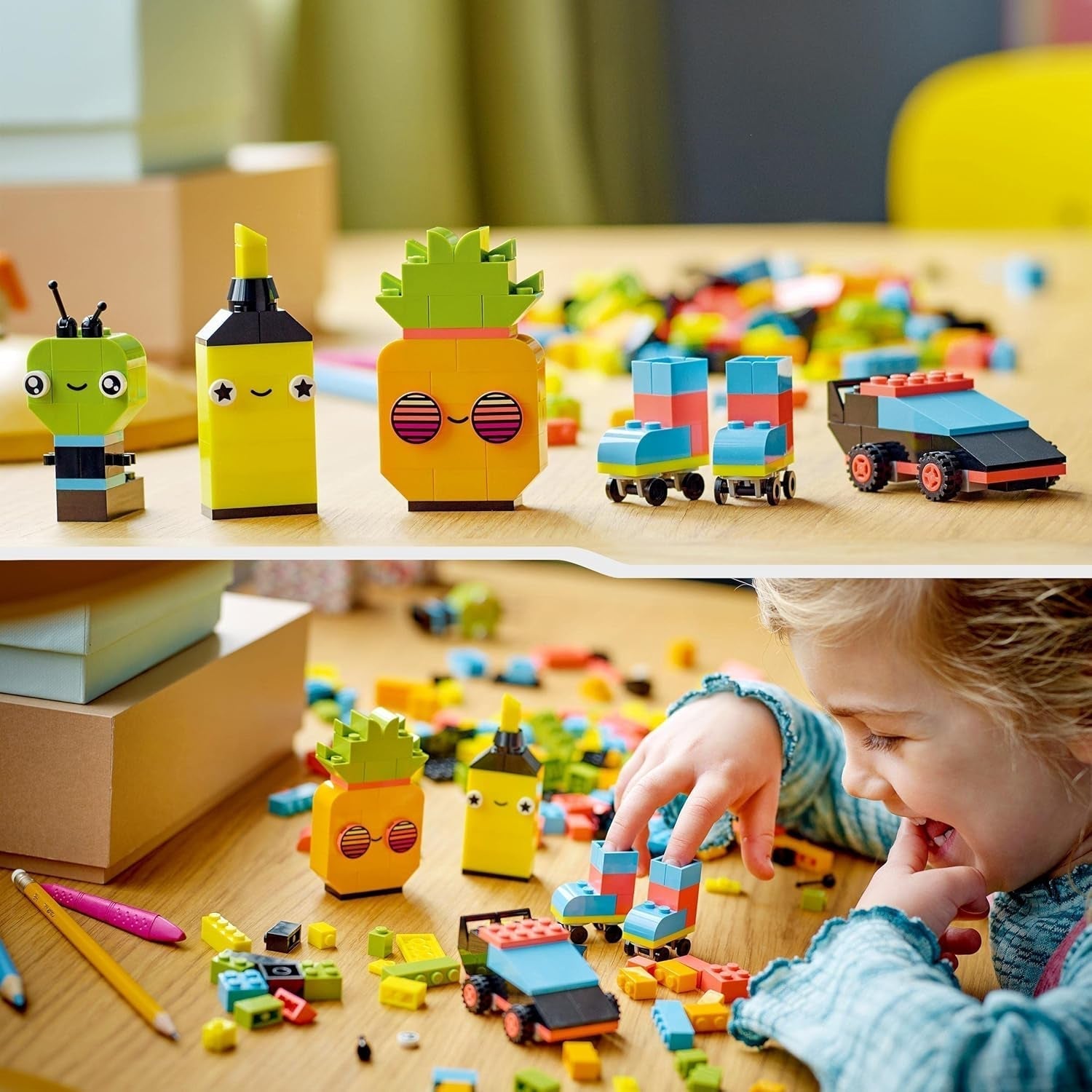 LEGO 11027 Classic Neon Creative Building Set, Brick Box Set, Byggleksak med modeller: bil, ananas, alien, rullskridskor, figurer och mer, för barn från 5 år och uppåt Byggset Besuche den LEGO-Store