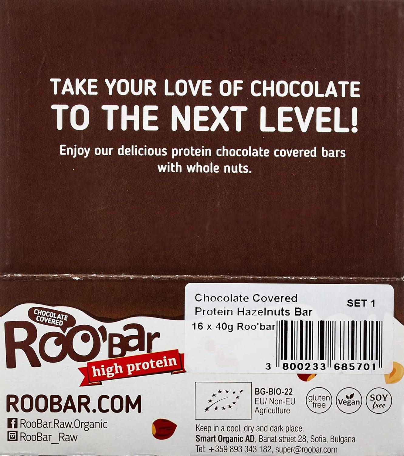 Högproteinchokladglaserade hasselnötsbars - 100 % ekologiska, veganska, fruktbarer, mejerifria, glutenfria, raffinerade sockerfria - 16 barer x 40 g