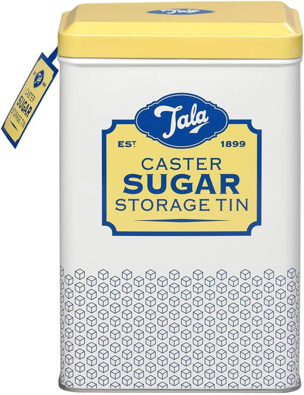 Tala Originals Retro Design Metallförvaringslåda i gult och gräddfärgat rymmer en hel påse med pulveriserat socker