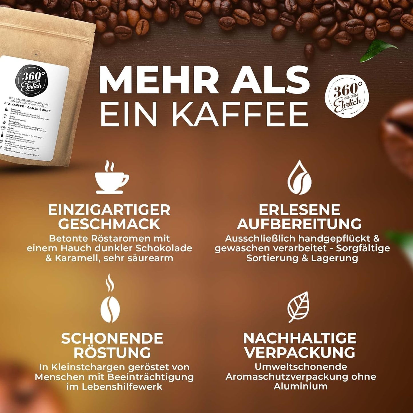 Premium Bio Kaffeebohnen 1000g, 100% Honduras Hochland Arabica Kaffeebohnen Bio - Köstlich, mild, säurearm - Bio Kaffee ganze Bohnen - Ideal as Kaffeebohnen Vollaautomat - 360° Rundum Ehrlich