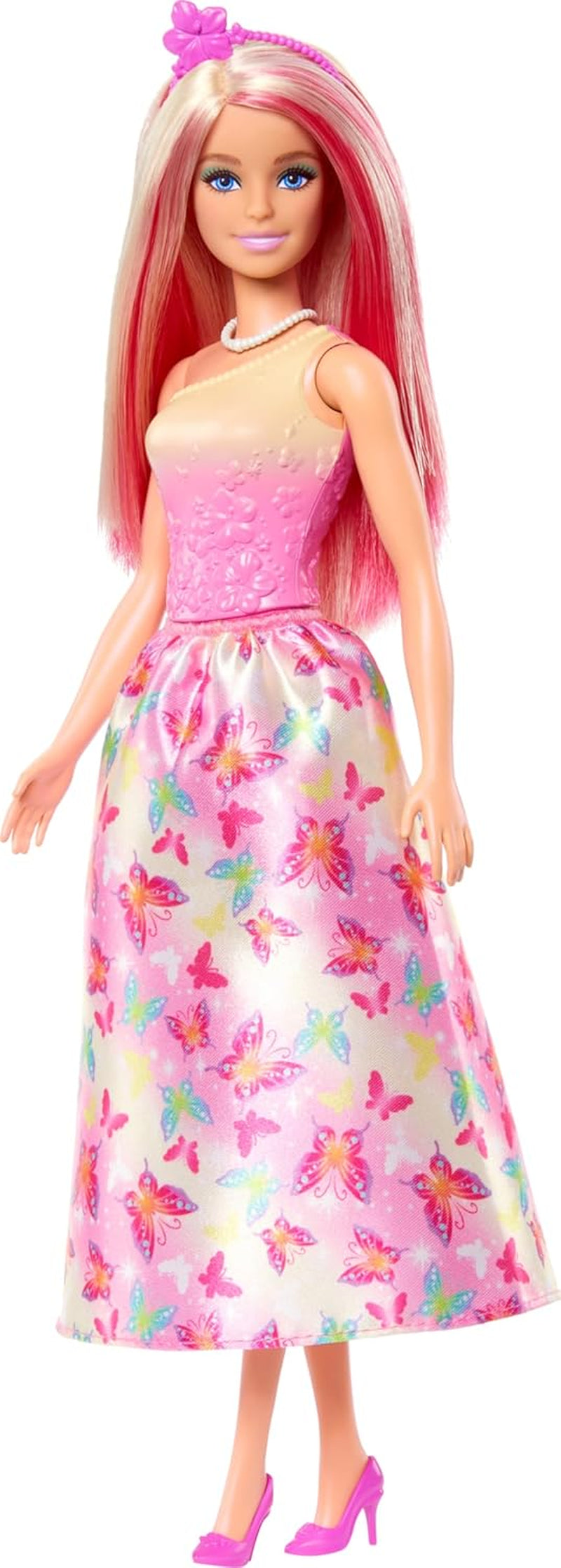 Royal Barbie Doll med blont och rosa snyggt hår, färgglada accessoarer, rosa gradienttopp och fjärilskjol, HRR08 Naty Shop Dolls