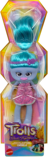 Mattel DREAMWORKS TROLLS United We Stand - Chenille Hairy Surprises Doll med gnistrande blått hår, lila pannband, från 3 år och uppåt, HNF15