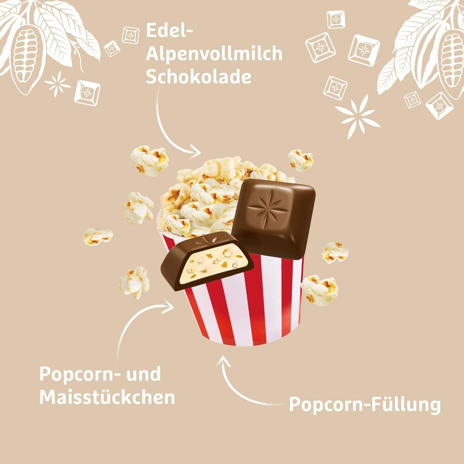 Schogetten popcorn 1 chokladkaka x 100g, mjölkchoklad med popcorn och majsbitar, praktiska enskilda bitar. En delikatess. Bit för bit.