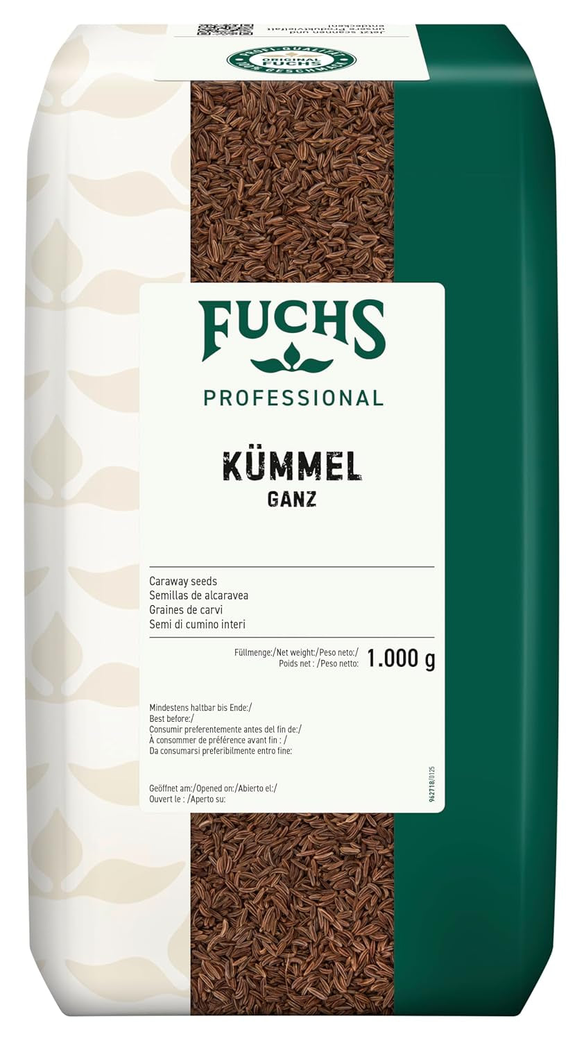 Fuchs Professional - Kümmel ganz | Ungemahlen, zum Würzen von Bratkartoffeln oder Krautgerichten | Profi-Qualität für Großverbraucher und Gastronomie | 1 kg im återvinningsbar väska