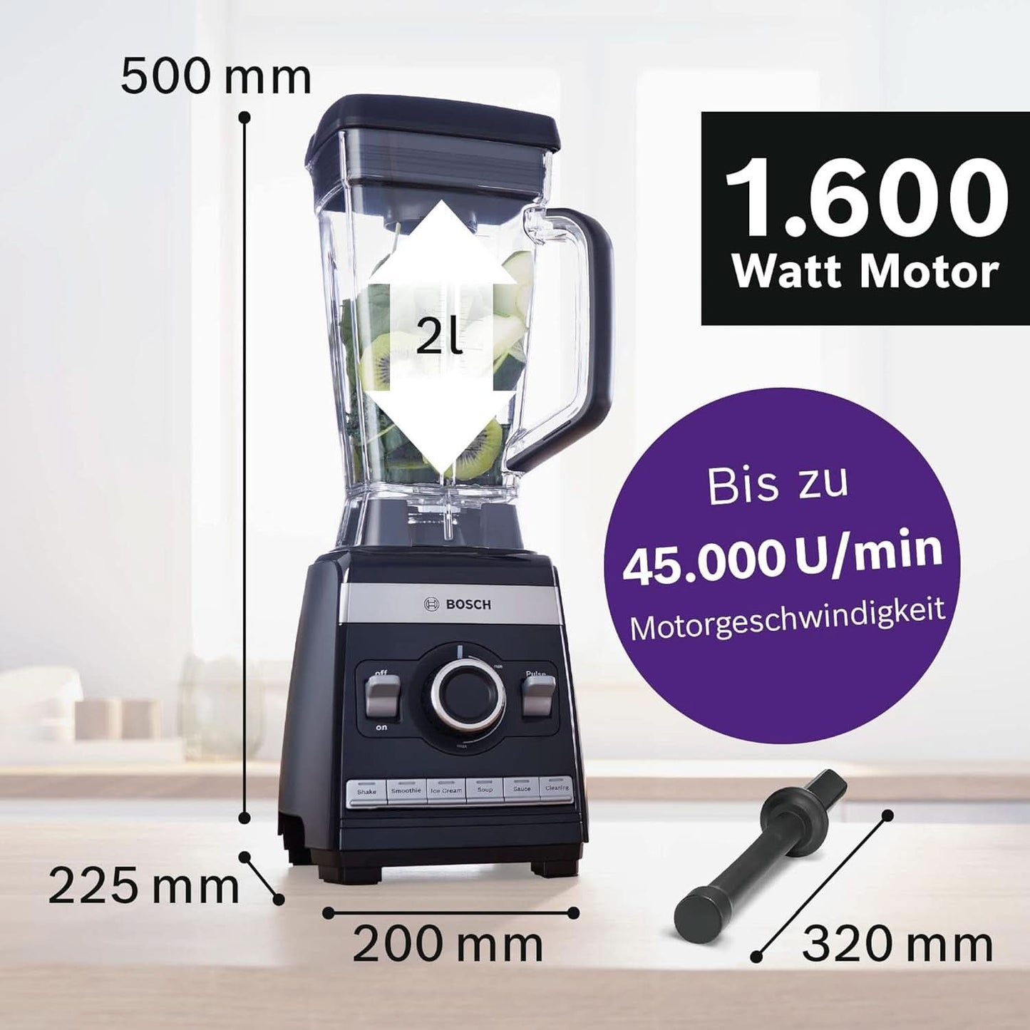 Bosch Standmixer Vitaboost MMBH6P6BDE, 6-Klingen-Edelstahlmesser, 2,5L Tritan-Mixbehälter, Stopfer, 6 Automatikprogram, Rezeptbuch, Bpa-Frei, Einfache Reinigung, 45 000 U/Min, 1600 W, Schwarz Bucatarie Naty Shop