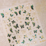 JMEOWIO 3D Nagelsticker Grün Gold Schmetterling Nail Art Sticker Selbstklebend Nagelaufkleber 5D Stereoskopisk Dekoration Nageldesign Zubehör 1 Blatt
