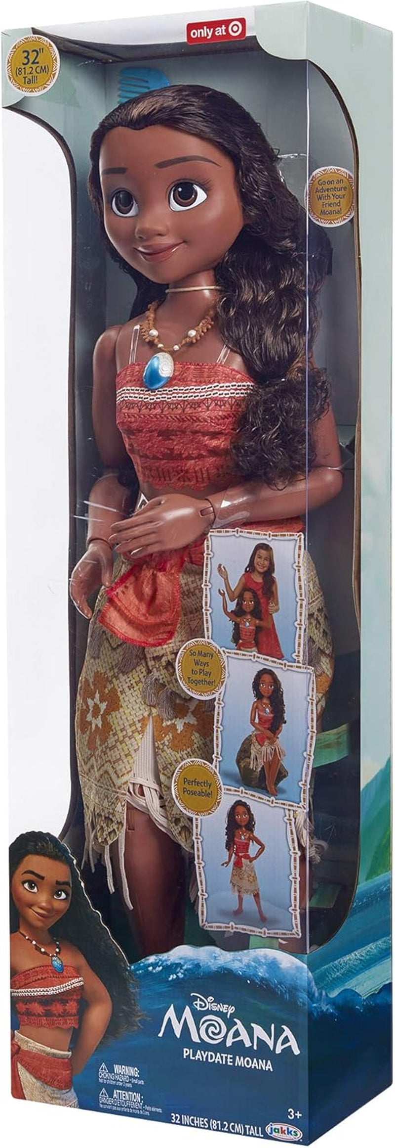 Disney Princess Vaiana, 80 cm stora Spielpuppe von Jakks Pacific, bewegliche Puppe, mit Bürste zum Kämmen ihrer wellligen Locken, vom Film inspired Kleid, abnehmbare Halskette mit Anhänger