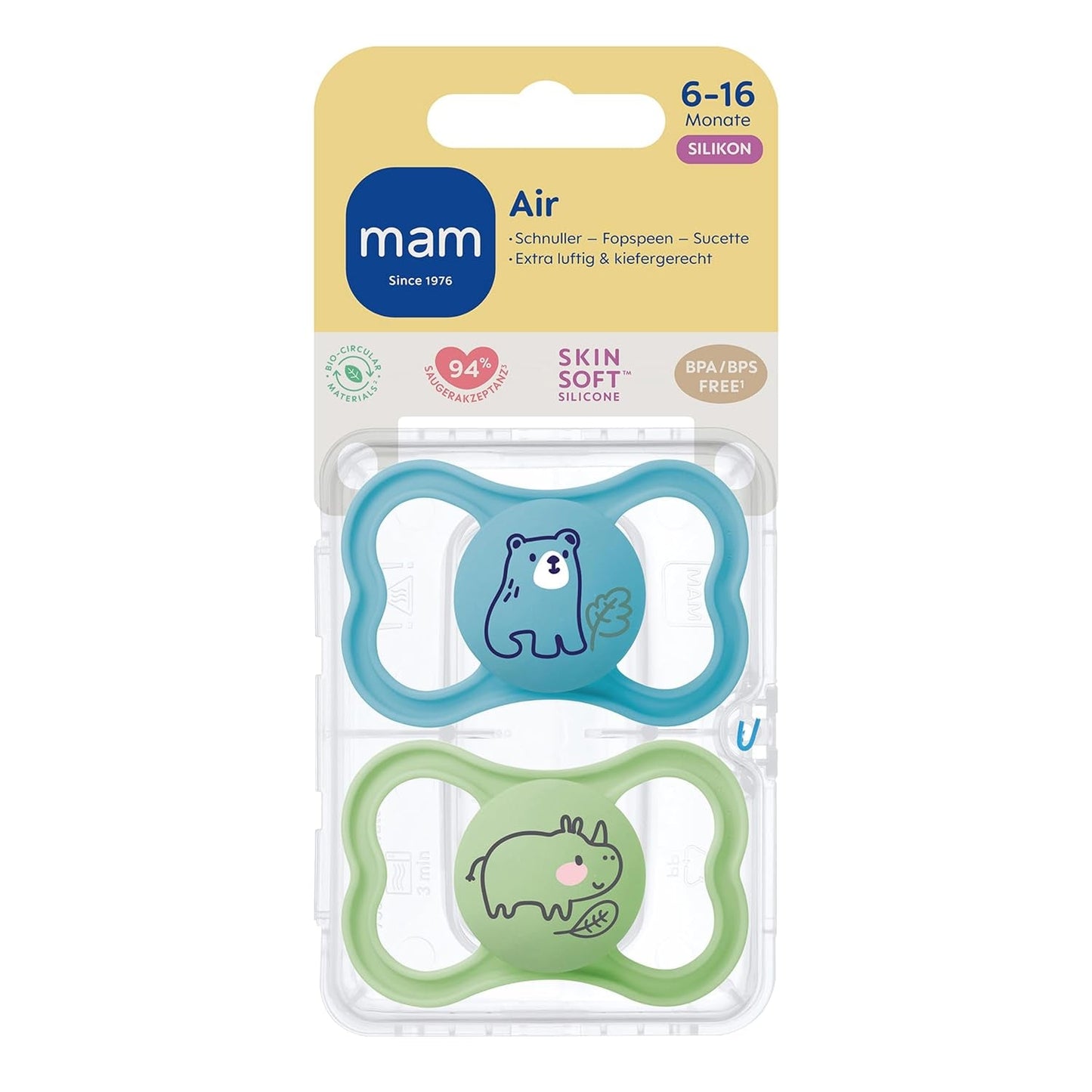 MAM Air Silikonnappar 2-pack Extra lätt och luftig design Tandvänlig bebisnapp Tillverkad av MAM SkinSoft Special Silikon med Napplåda 6-16 Månader Bear/Rhino