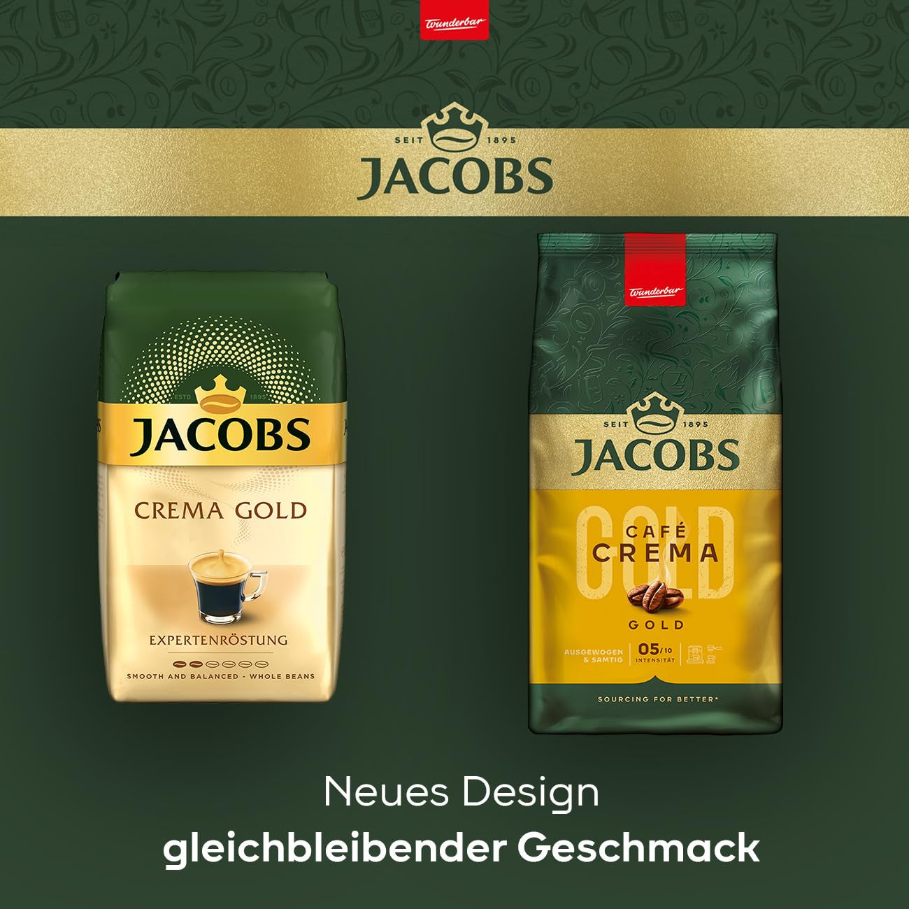 Jacobs Café Crema Gold kaffebönor 1 kg – Vollmundig, Aromatisch, Fruchtige noter, Arabica & Robusta bönor, Intensität 5/10, perfekt för Café Crema Naty Shop