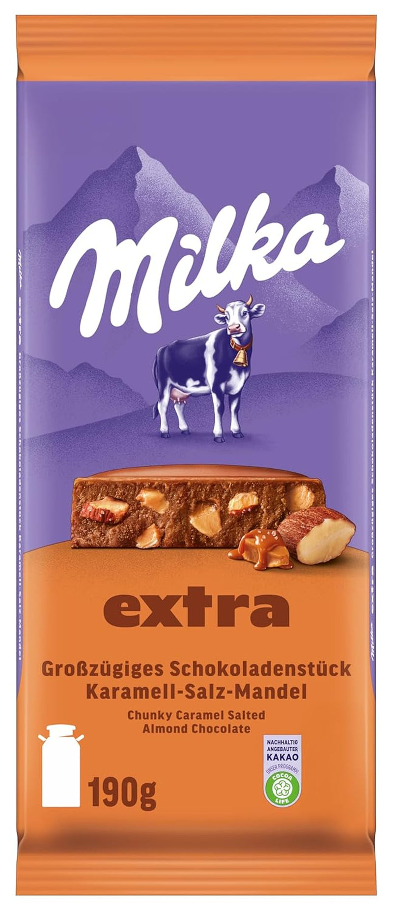 Milka Extra Caramel Salt Mandel - Alpin mjölkchoklad med bitar av kola, mandel och en nypa salt - 190g