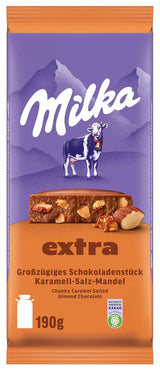 Milka Extra Caramel Salt Mandel - Alpin mjölkchoklad med bitar av kola, mandel och en nypa salt - 190g