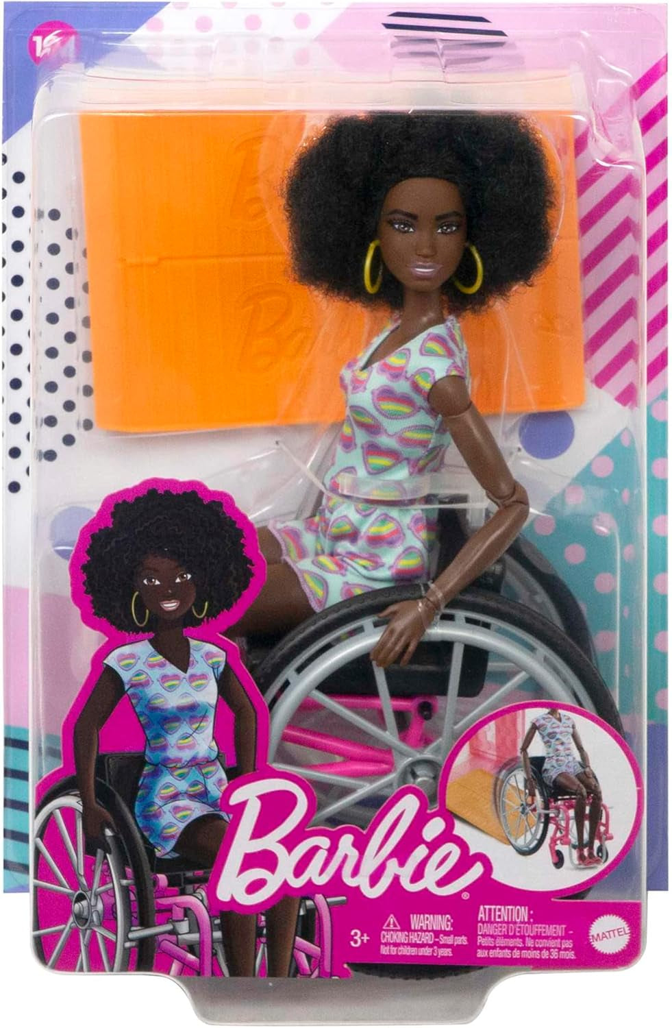 Barbie Fashionistas Svart hår Färgglad jumpsuit Rullstolsramp Rullstolsdocka ingår Presentleksak för barn Ålder 3+ HJT14